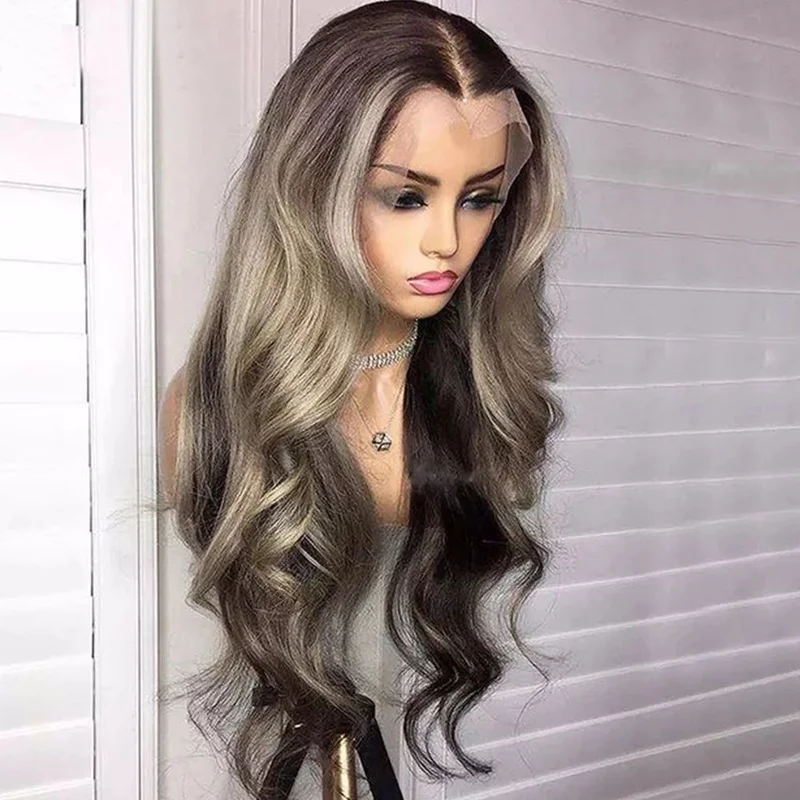 

Natural Hairline Ombre Ash Platinum Blonde Highlight Loose Wave Mink Virgin Brazilian Human Hair Transparent Lace Front Wigs