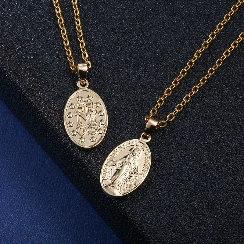 

Religious Stainless Steel Virgin Mary Coin Clavicle Chain Necklace Chic No Fade Virgin Mary Tags Pendants Necklace, Picture shows