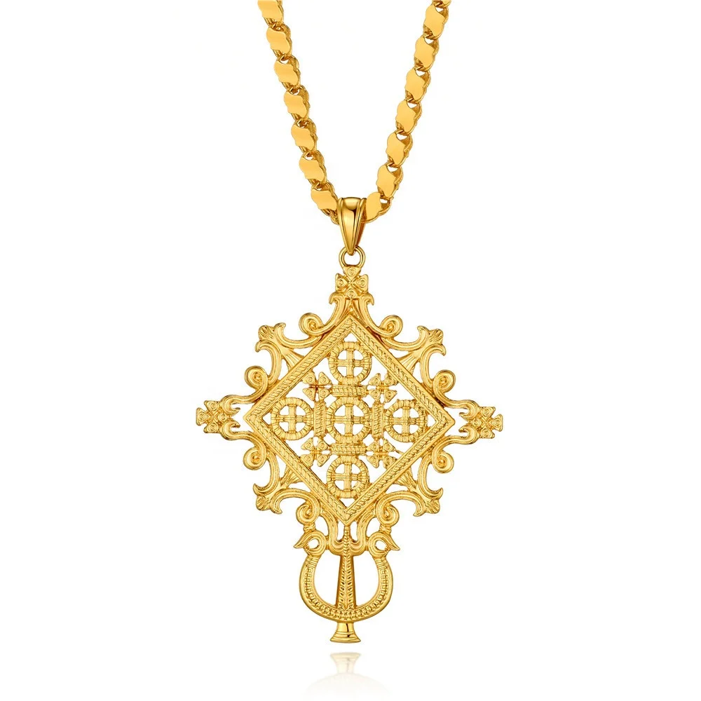 

Ethlyn New Arrival Ethiopian Eritrean Big Cross Pendant Chain Necklace 24k Thick Gold Plated Habesha Jewelry MY294