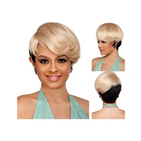 

cheap short hair human wig black and gold for black white women with bangs and little curl yuyue wig