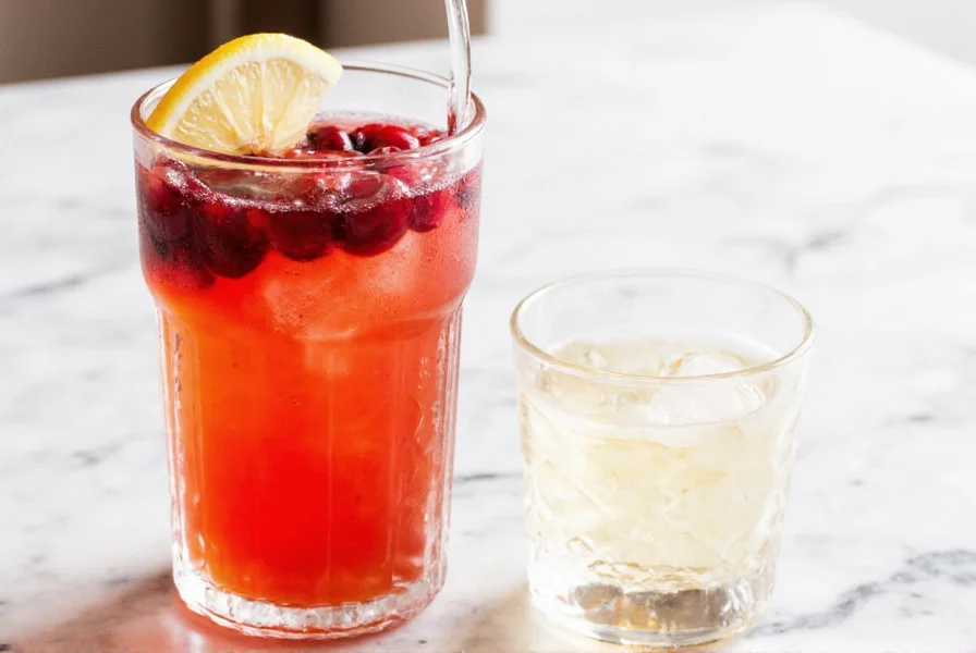 Close-up of cherry ginger ale in a clear glass with fresh cherries and ginger root
