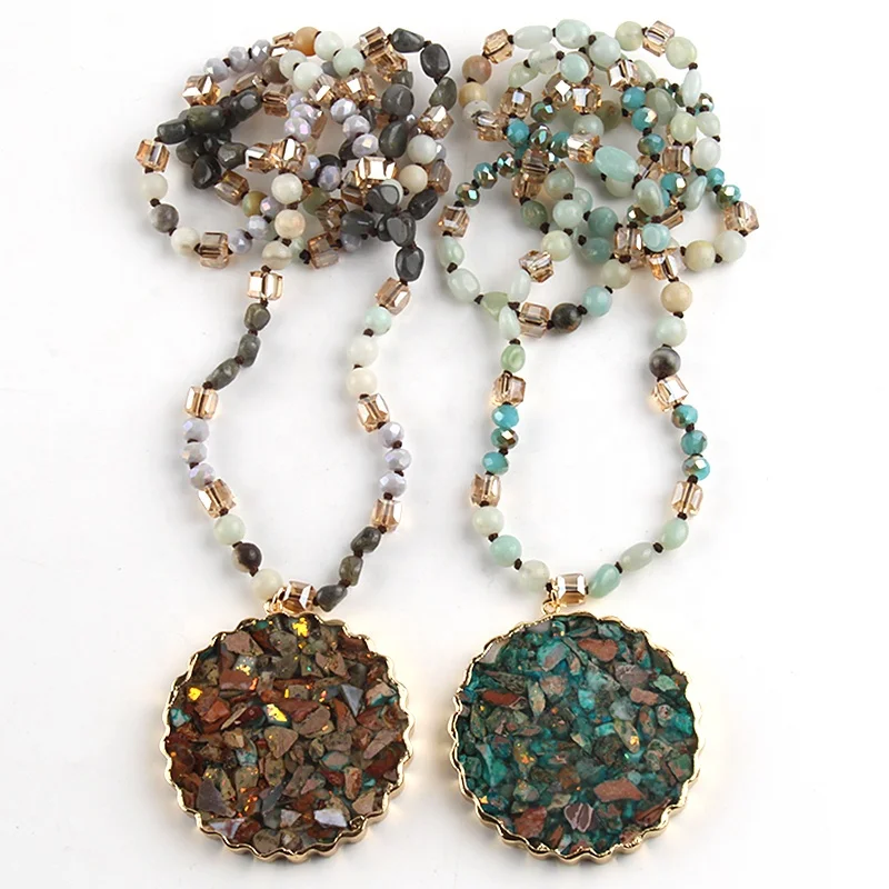 

Fashion Bohemian Jewelry Accessory Natural Stone 6mm Beads Crystal Glass Knotted Round Pendant Necklaces