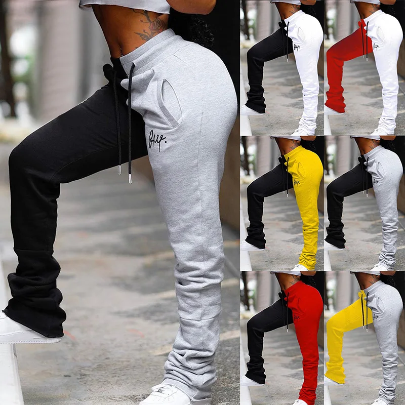 

Female Stacked Sweatpants Women Drawstring Streetwear Patchwork Colored Pants High Waist Pants Casual Trousers, Picture show