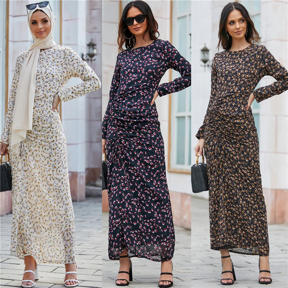 

2021 Dubai Islamic Maxi Tight-Fitting Dress with Straw string EID Muslim modern Chiffon Dress wholesale