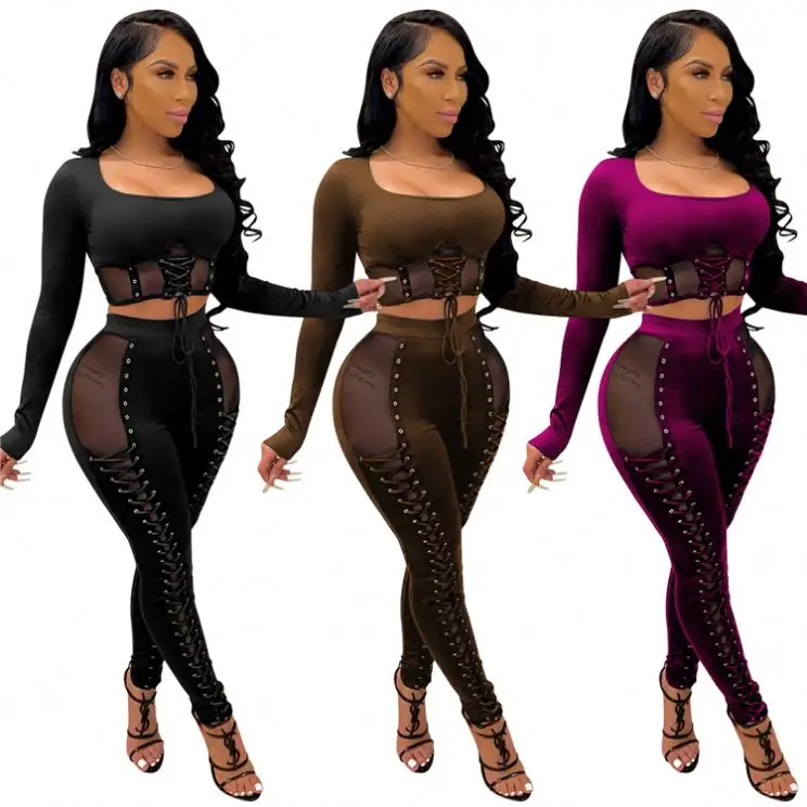 

Best Seller Fashionable Mesh Decoration Bandage Crop Top Sexy Two Piece Women Tracksuits Lady Top And Pants