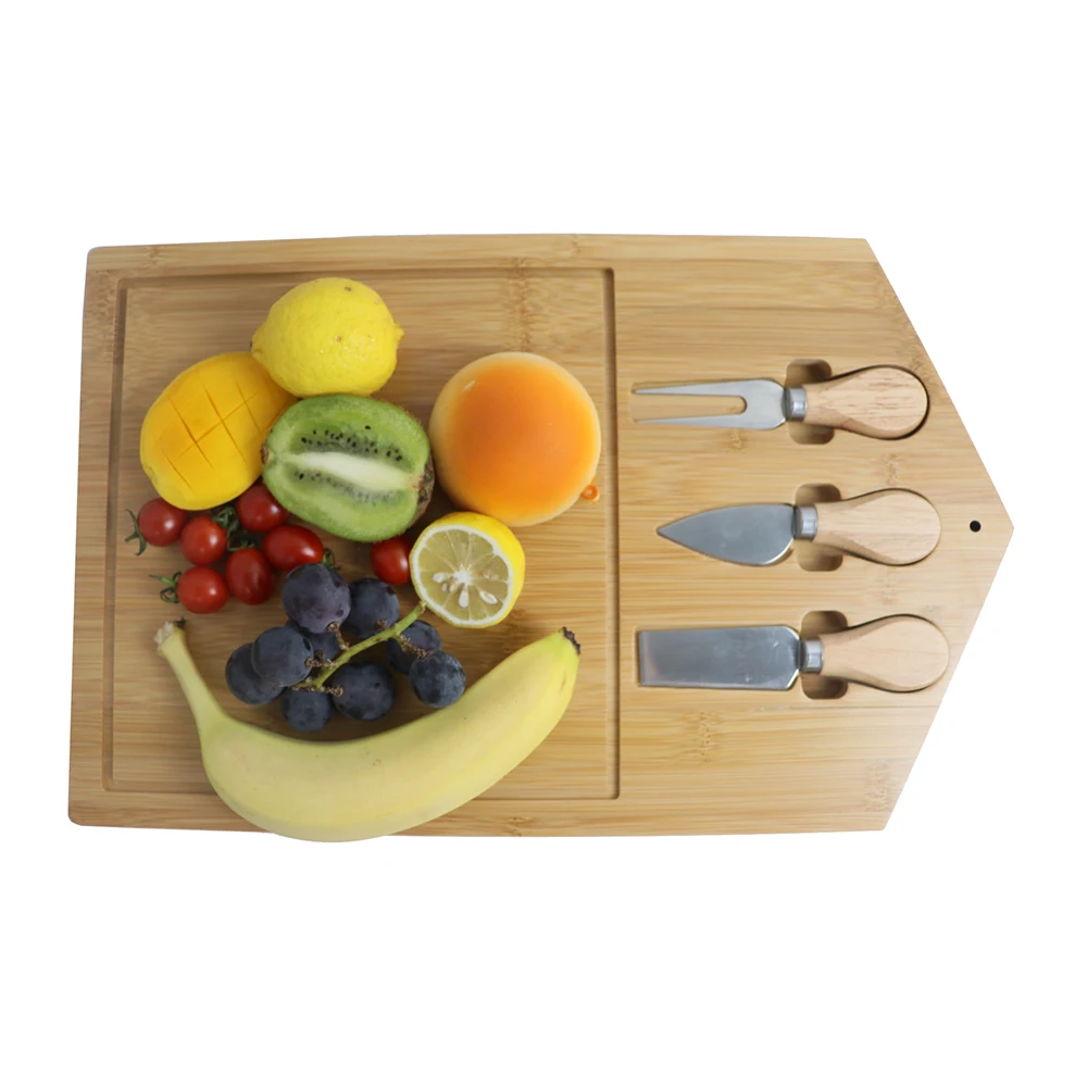 

Newest Design Stock Available House Shaped Charcuterie Platter and Serving Tray Bamboo Cheese Board Set with Knifes, Natural