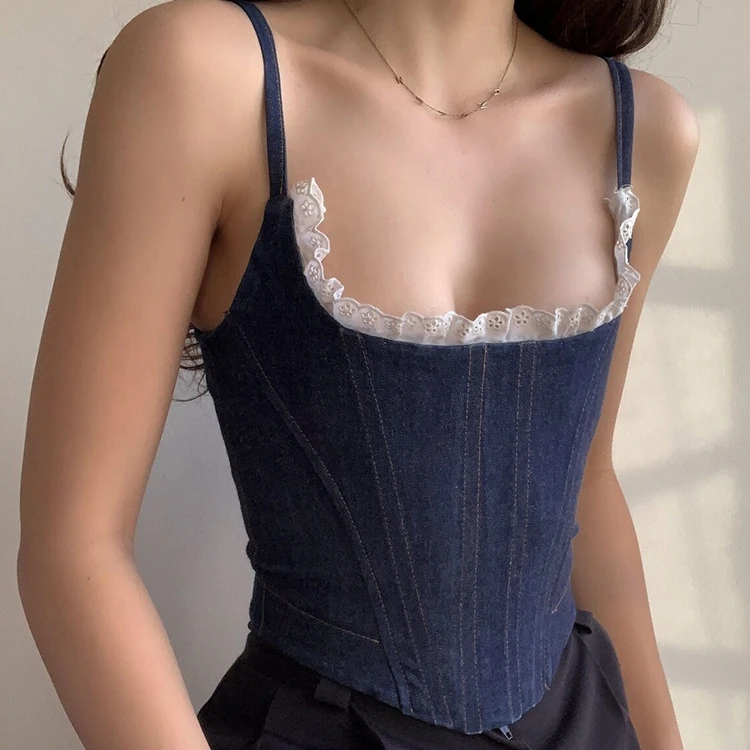 

2021 new arrivals summer collection spaghetti strap women high quality denim bone corset fashion crop top