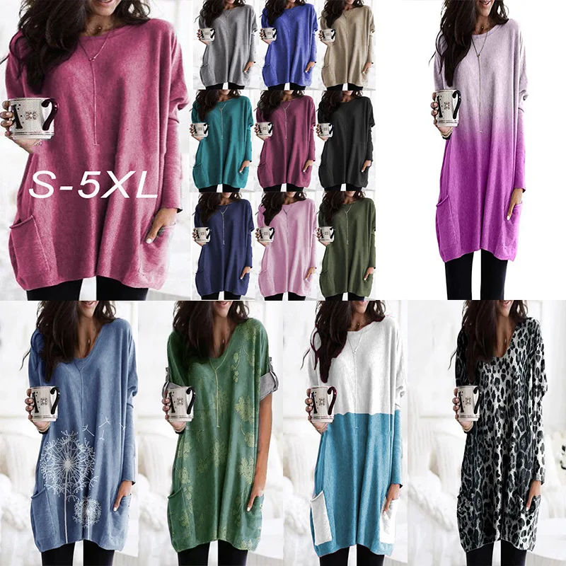 

WW-0098 Autumn Long-sleeved Casual Pocket T-shirts Top Dress Blouse Long Sleeve Womens Apparel Tops, Customized color