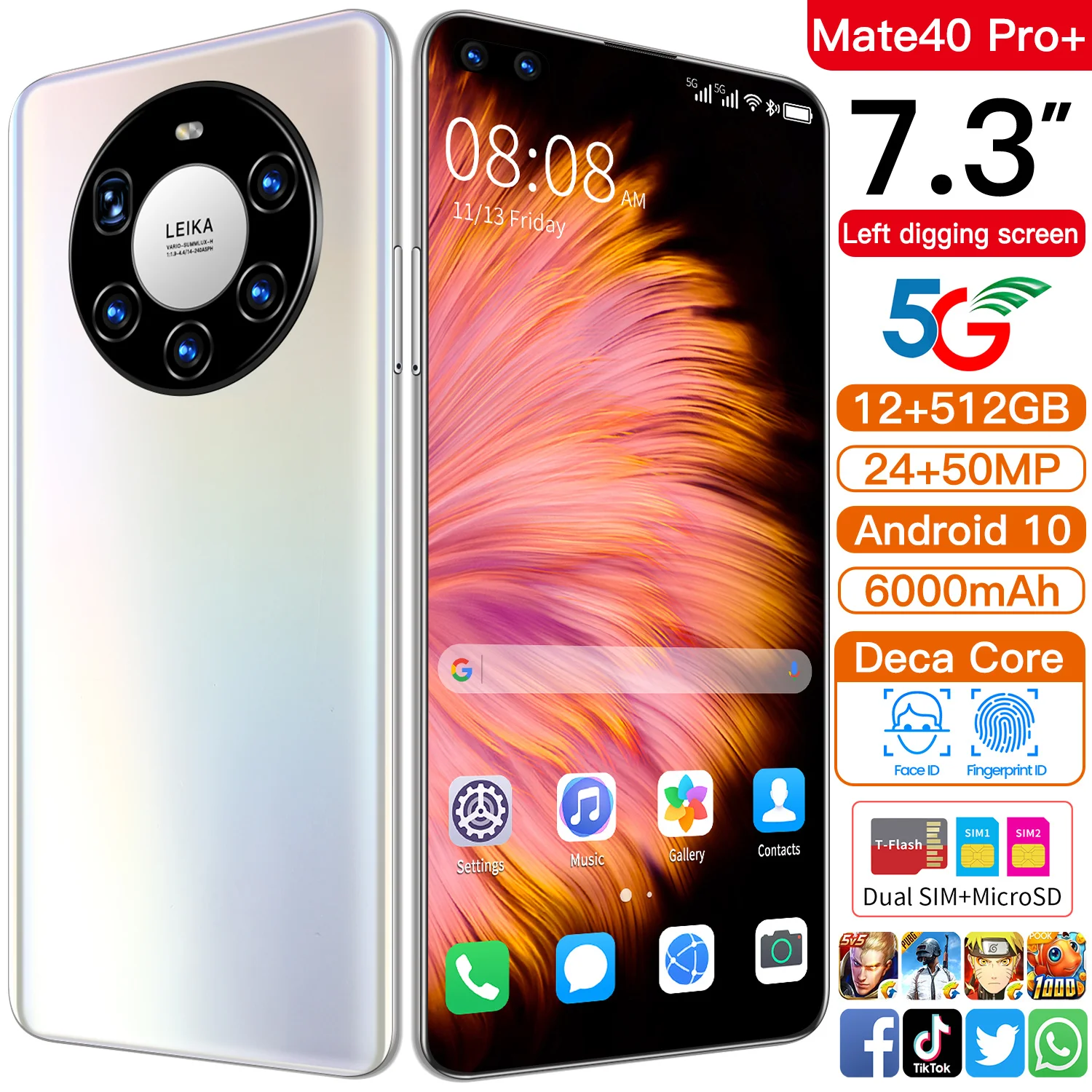 

Global Version Mate40 Pro+ Smartphone 7.3 Inch Full Screen Deca Core 6000mAh 12GB +512GB 4G LTE 5G Face Unlock Mobile Phone, Black,orange,white,green