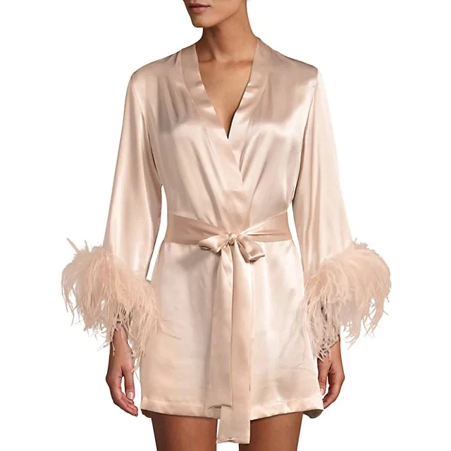 

GOTS Verified Wholesale Custom Self-tie waist Feather-Trim Stretch Satin Silk Robe Women's Sleepwear Satin Skirt