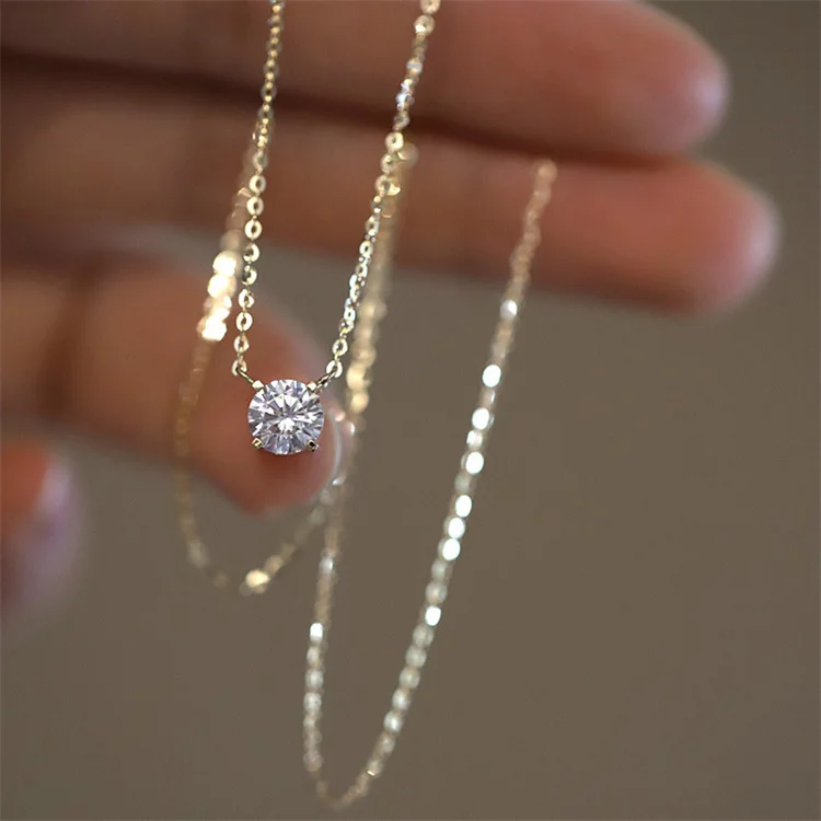 

The Latest Single Diamond Necklace 925 Sterling Silver Zircon Clavicle Chain Six Prong Pendant Necklace, Picture shows