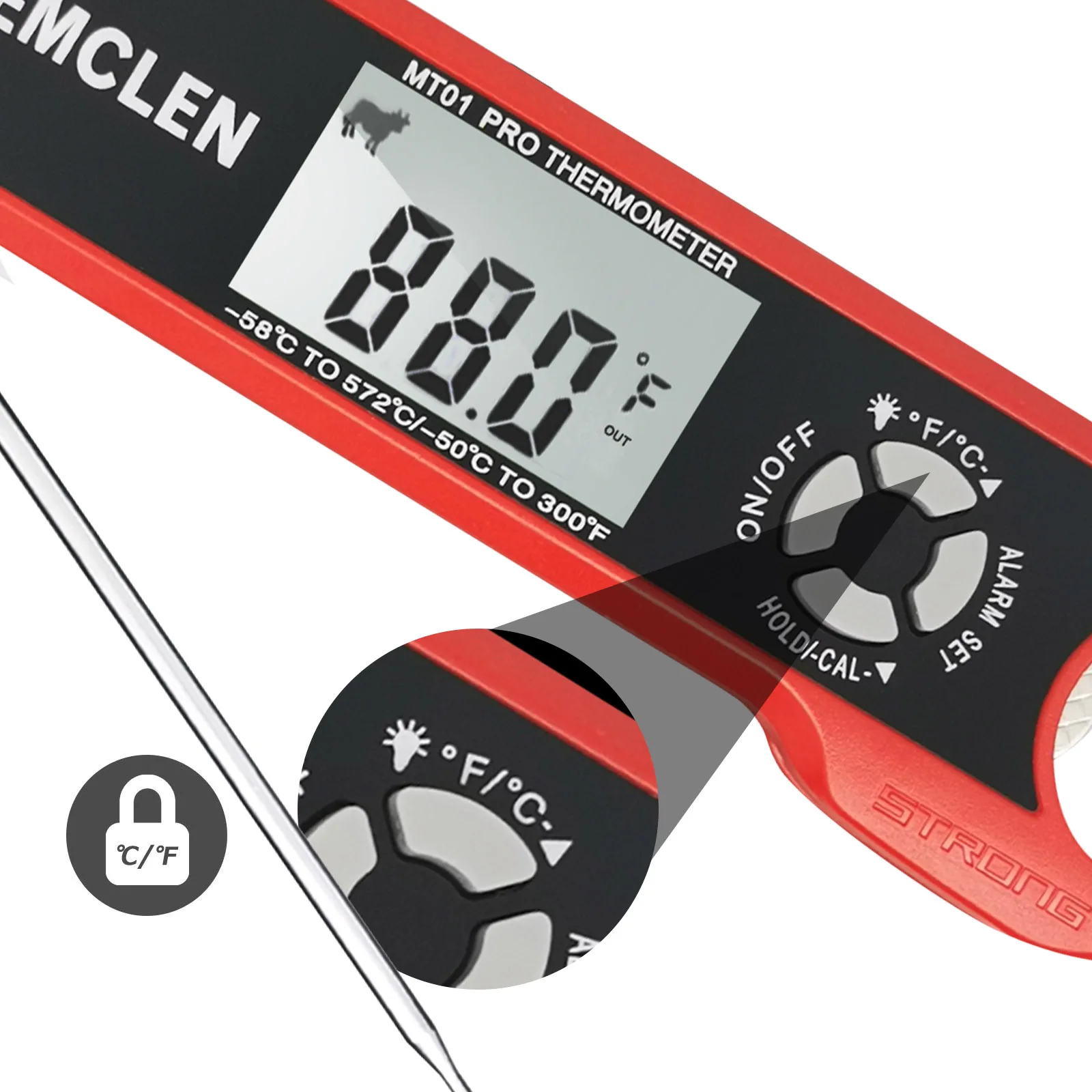 

Long Probe Digital Stainless Bbq Meat Cooking Thermometer With Lcd Screen, Red+black