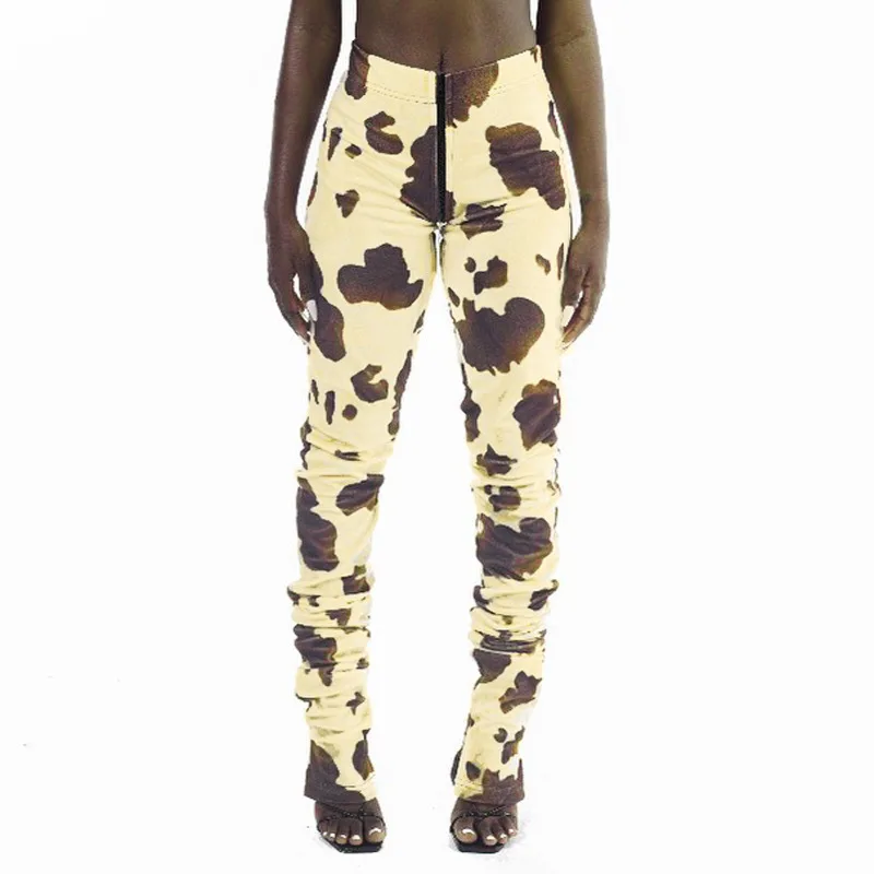 

Amazon fashion cow pattern print zip up trousers casual stacked ruched pants for women