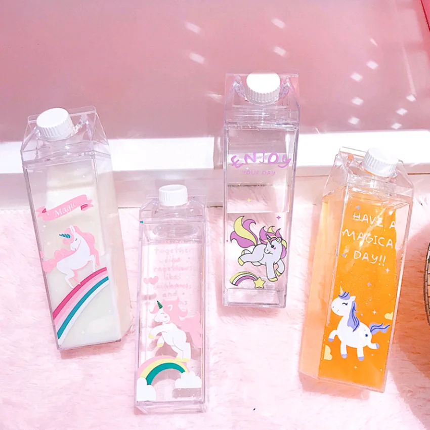 

Feiyou 2020 new products 500ml unicorn square shape transparent plastic water bottle clear milk carton drink bottle for girls, Customized color