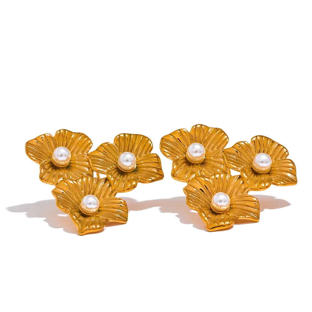 

JINYOU 185 Stainless Steel Flower Fancy Stud Earrings Artificial Pearls Plant Gold Color Elegant Stylish Jewelry 2023