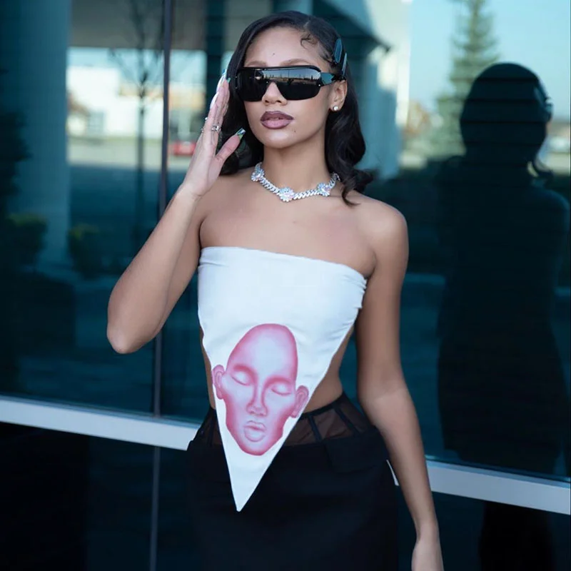 

Inverted Wriangle Women's T Shirts 2021 New Arrival Human Head Print Sexy Tube Top Fashion Streetwear