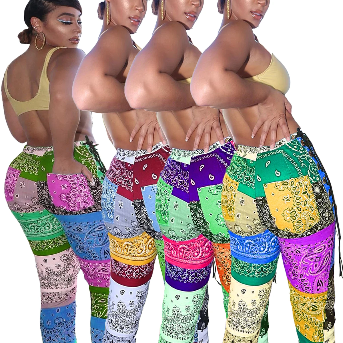 

2020 Hot Sale New Arrivals Fashion Patchwork Strappy Printed Stacked Casual Women's Trousers & Pants