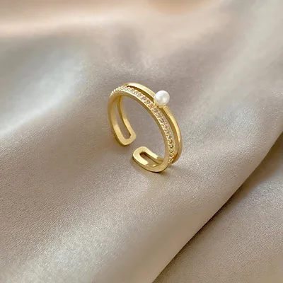 

Simple Trendy Real Gold Plated Double Layer Cubic Zircon CZ Finger Rings Crystal Pearl Open Rings For Women