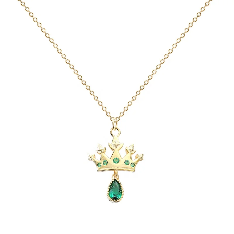 

Jewelry Fashion zircon Emerald Green Necklace Princess 925 Sterling Silver 18k gold Queen Crown Pendant Necklace