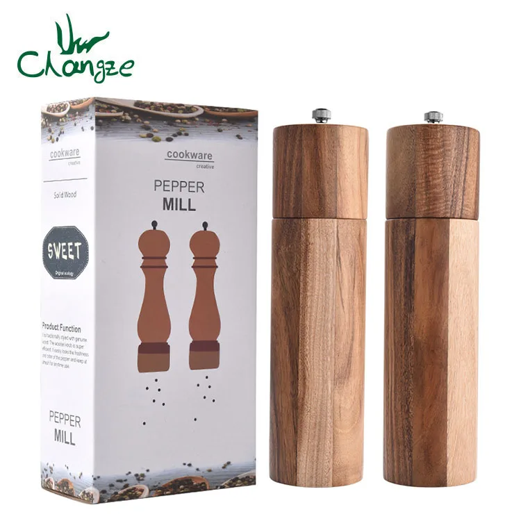 

CHANGZE LOGO customize 100% Acacia wood salt and pepper grinder set with 'S' and 'P', Natural color