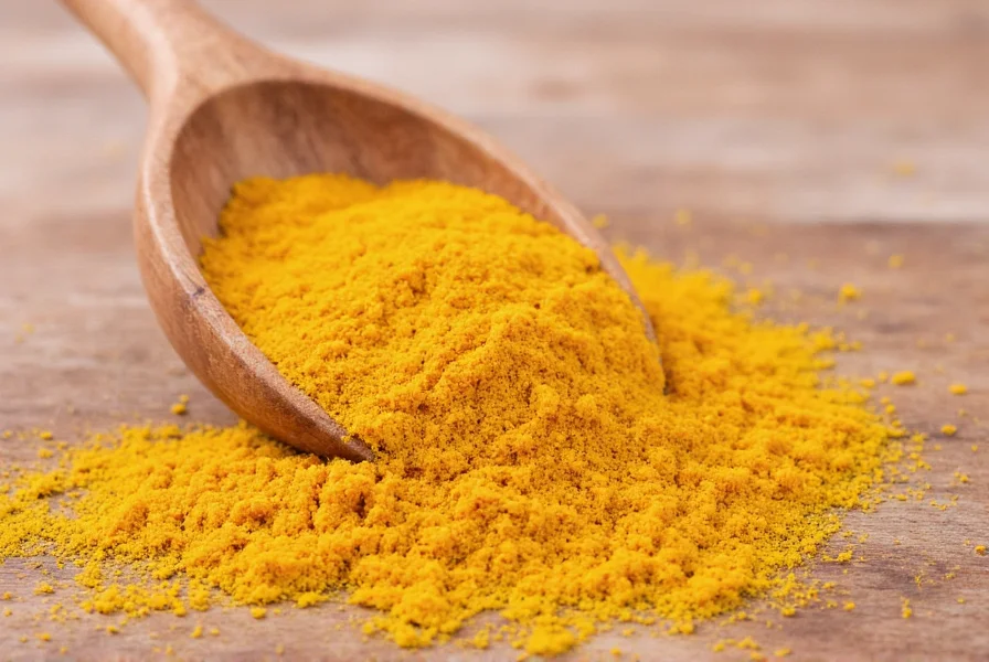 Homemade turmeric seasoning blend in glass jar with measuring spoons