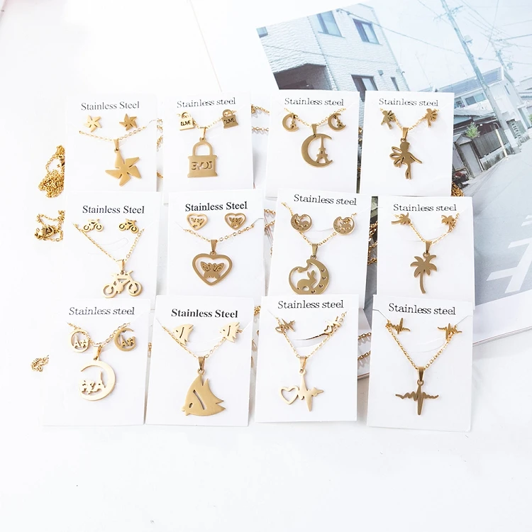 

G343 Jewelry Set Gold Plated Stainless Steel Pendant Necklace Earrings Set