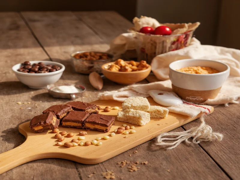 Homemade Snickers ingredients on wooden table