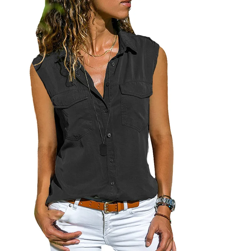 

2021 summer new women's shirt Lapel sleeveless shirt women's solid button Lapel women's T-shirt