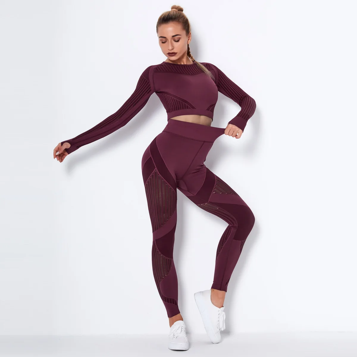 

Striped Stitching Yoga Clothes Sets Seamless Mesh Quick-drying Yoga Clothes 2 Long Sleeve Yoga Suits, Customized colors