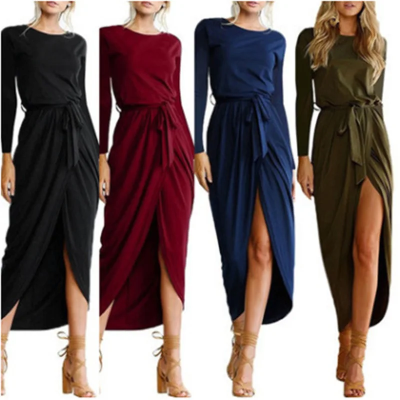

Autumn Lady Solid Color Slit Casual Bodycon Bandage Women Cotton Elegant Maxi Dress Long Sleeve