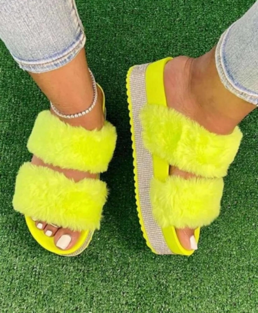 

NEW MEDIUM-HEEL fur sandals two strap slippers female fluffy lady slide