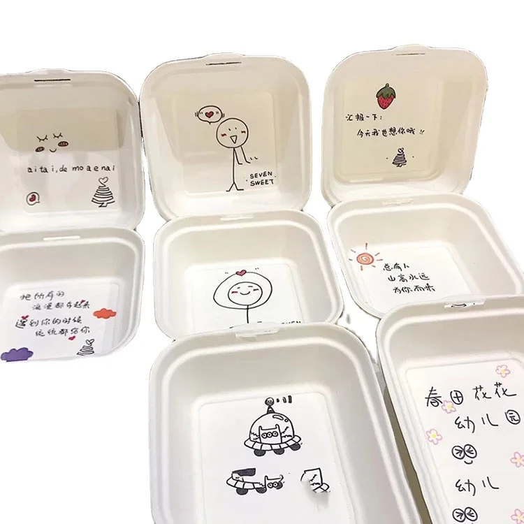 

Custom biodegradable bagasse packaging takeout bento lunch box 6x6 inch sugarcane bagasse burger box, White