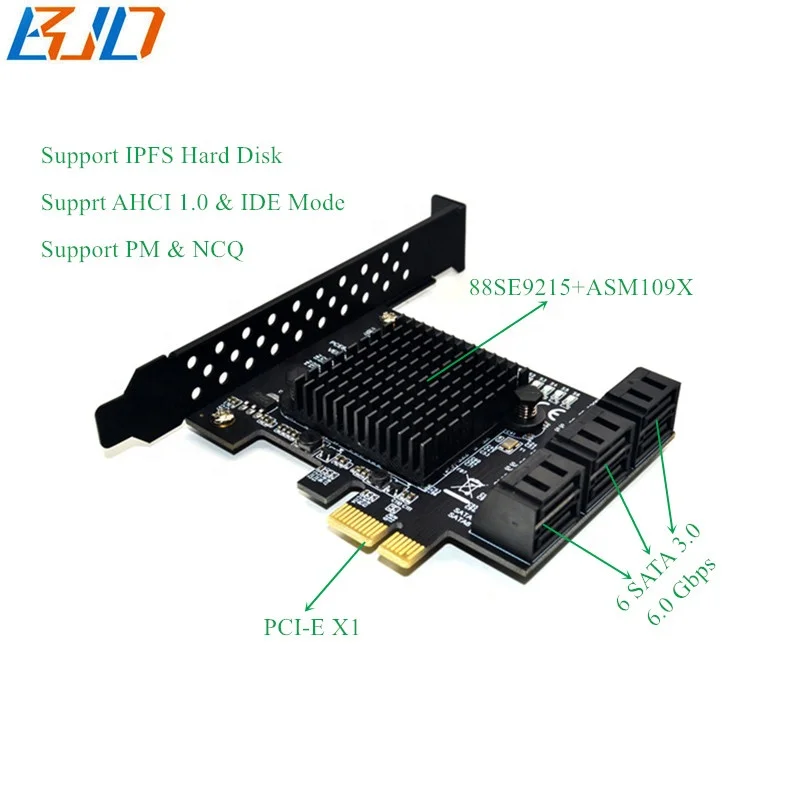 

PCI-E to 6 Ports Sata 3.0 Expansion Card 6G PCI-Express to SATA3 Controller Card Compatible for IPFS Max 20TB hard disk 88SE9215