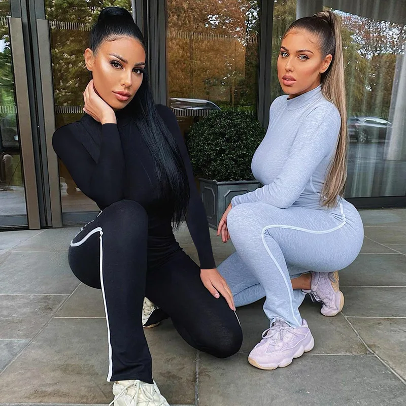 

Fall Mock Neck Contrast Color Split Workout Clothing Fitness Gym Skinny Long Sleeve Bodycon One Piece Women 2020 Jumpsuit, Picture showed