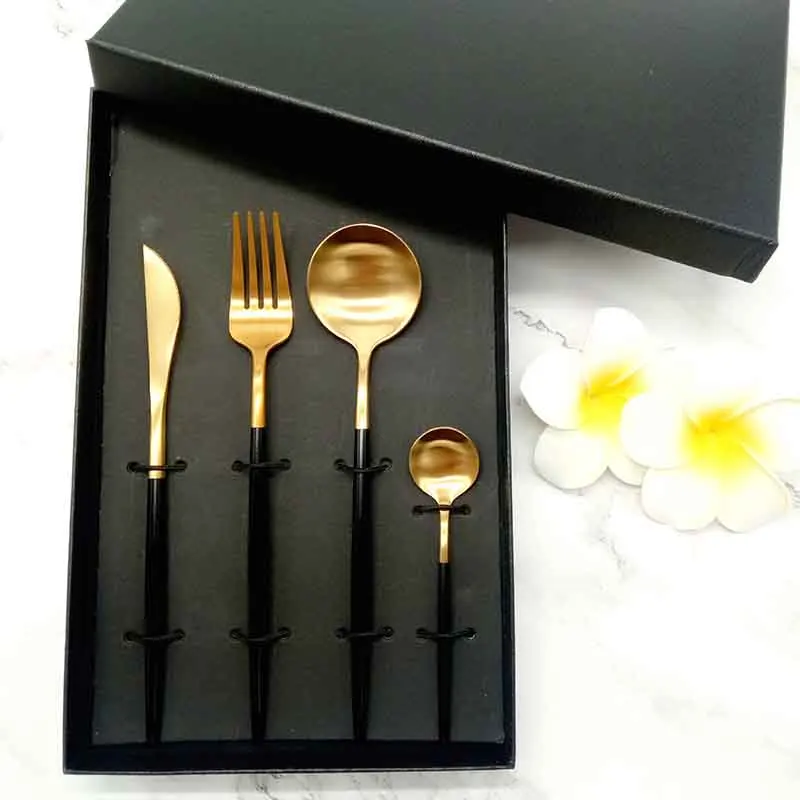 

Hot Sale Stainless Steel 304 Portugal Cutipol Matte Gold Plated Black Handle Cutlery Set, Gold and black