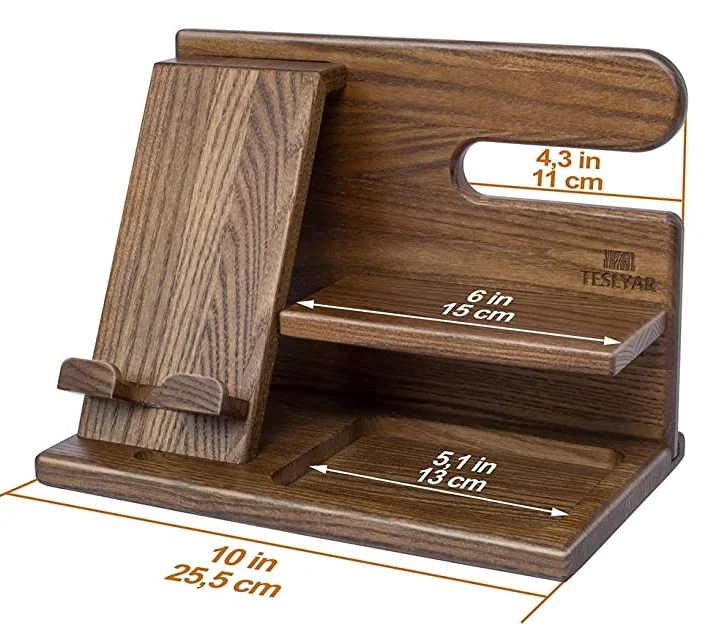 

Desktop Lazy Wood Phone Organizer Stand Wooden Charging Docking Station For All Mobile Phones