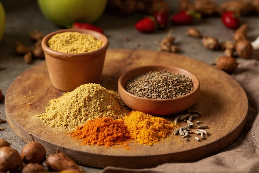 Traditional Indian kitchen showing asafoetida powder container next to common spices like turmeric and cumin