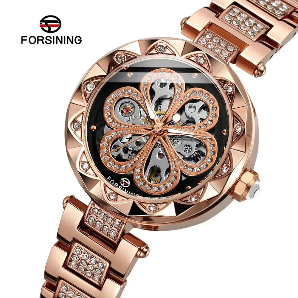 

Chinese Factory FORSINING Custom OEM Wrist Watches Girls Rhinestone Fashion Ladies Skeleton Hand Wind Mechanical Watch for Women