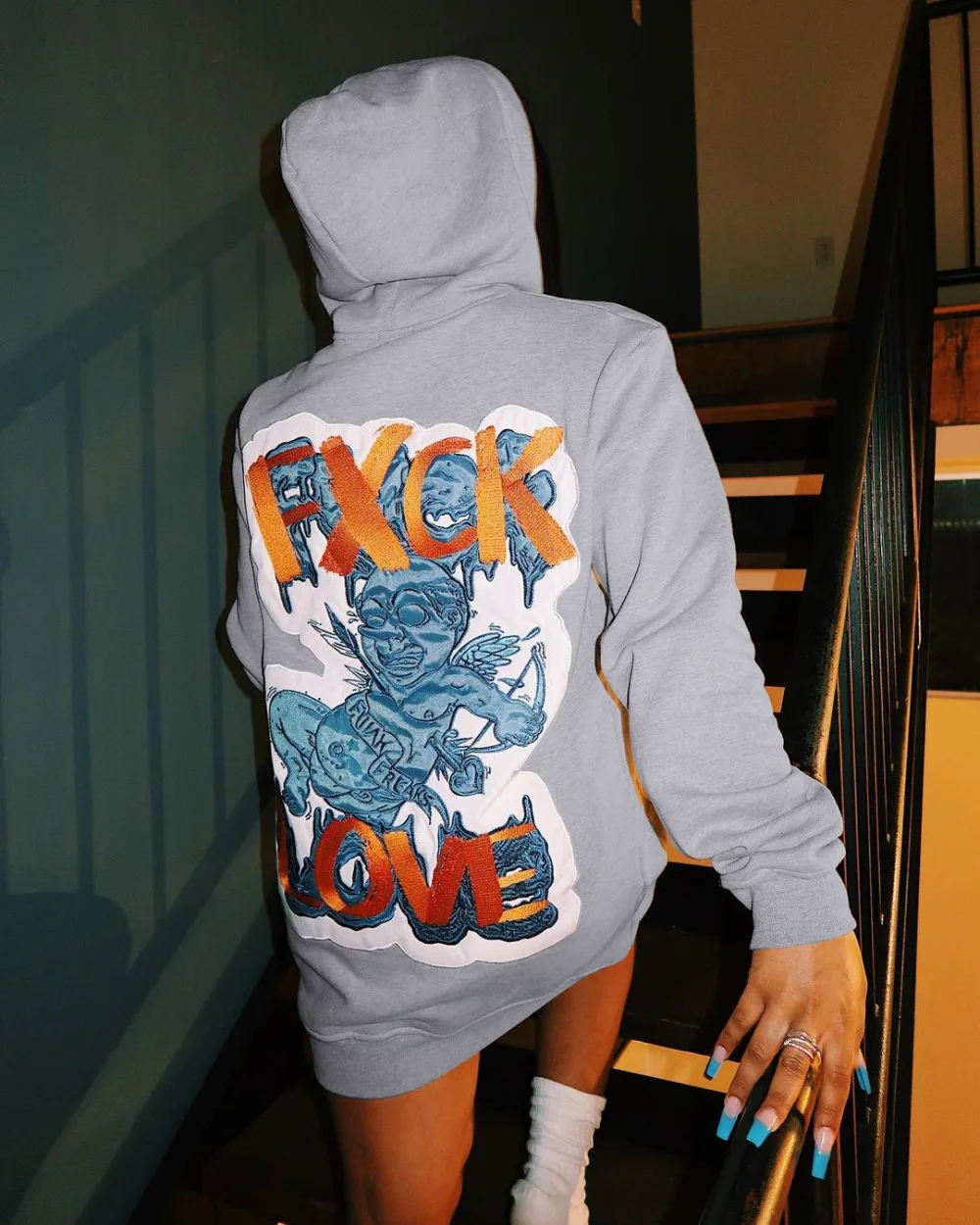 

Oversized Clothing Women Cartoon Print Grey Hoodies Dress Hooded Sports Sweatsuit