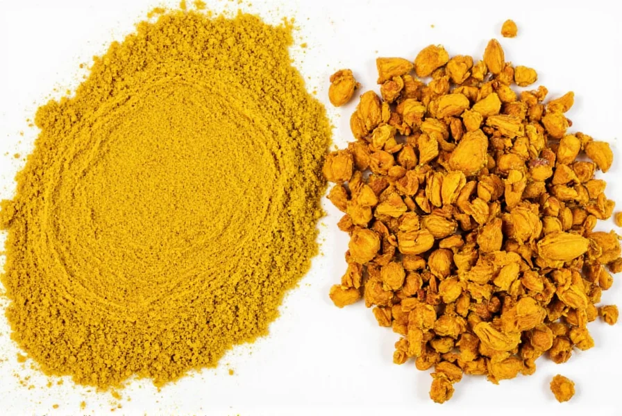 Ground mustard powder next to dried mustard seeds