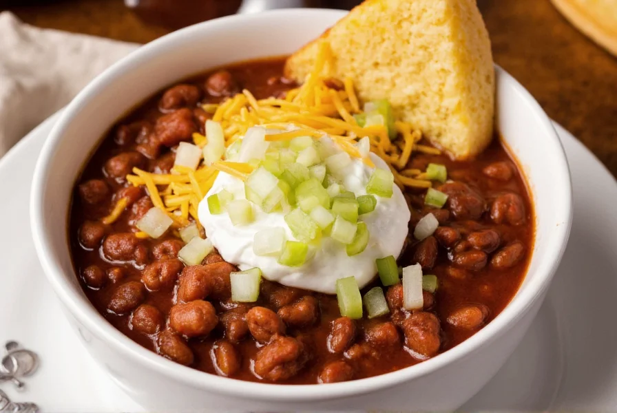 Classic chili served in white bowl with toppings: shredded cheese, diced onions, sour cream, and cornbread wedge