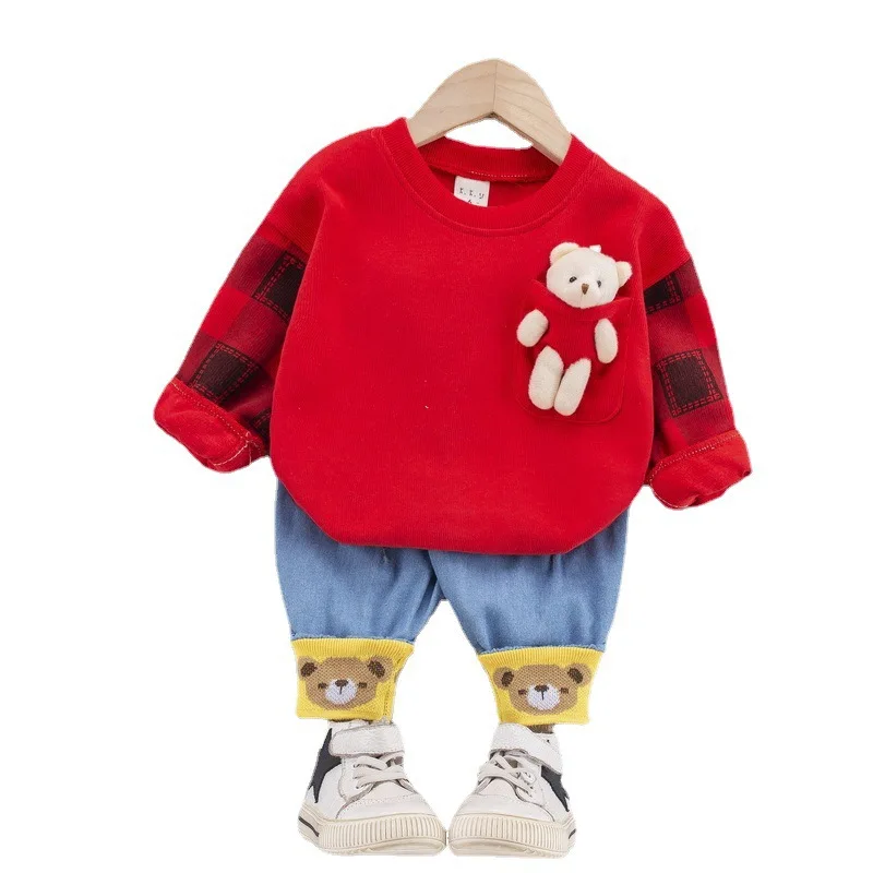 

2021 new little boys sets boys cartoon casual two piece suit children short sleeved round neck T shirt + jeans suit summer, Yellow, red, beige