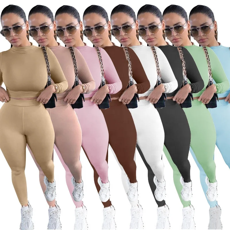 

2020 Fall Sports Women Two Piece Plain Long Sleeve Crop Top And Pants Set
