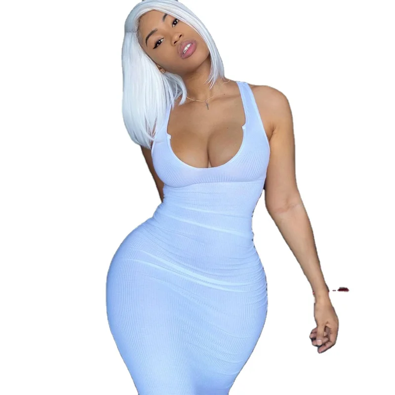 

2021 New arrivals woman Sexy Party long dress Summer fashion sexy U-neck sleeveless slim temperament skirt for women