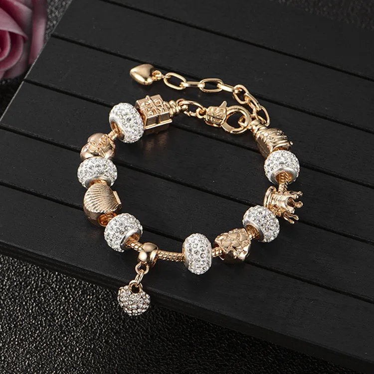 

Shiny 18K Real Gold Plated Micro CZ Pave Crown Big Hole Beads Bracelets Bling Bling Crystal Rhinestone Heart Charm Bracelets