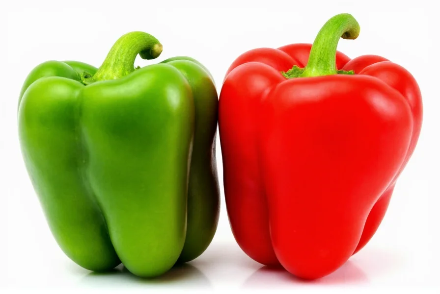 Close-up comparison of green and red Fresno peppers side by side showing their smooth skin and conical shape