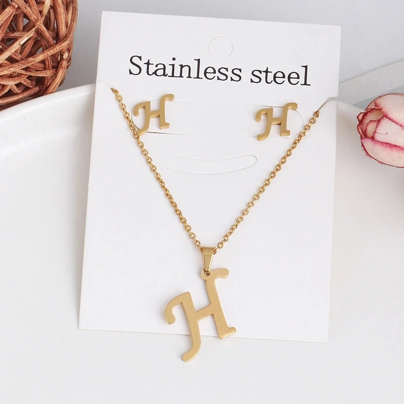 

Custom 26 alphabet initial necklace set earrings high quality trendy initial necklace stainless steel, Gold plating