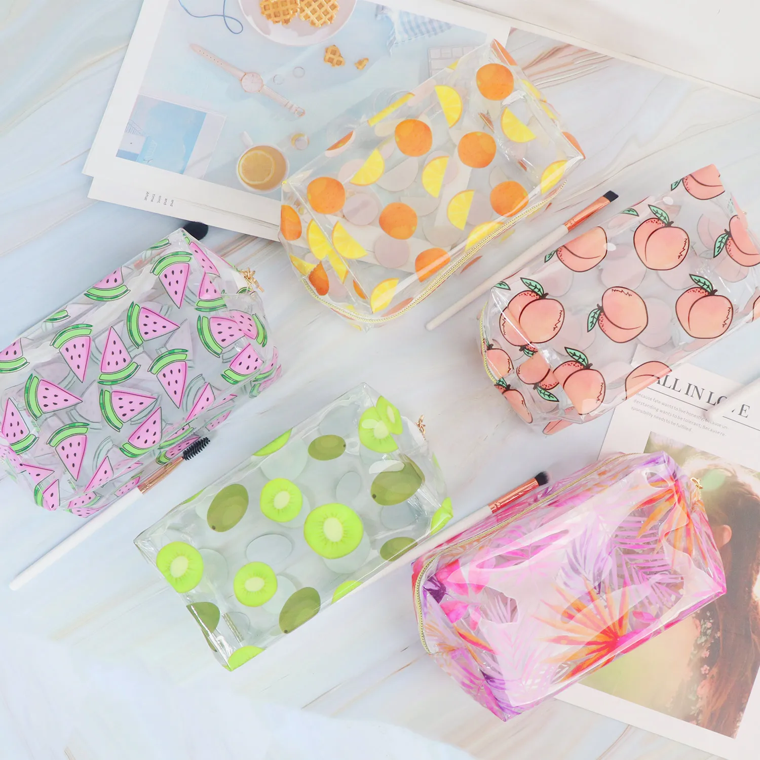 

Custom Logo Travel Makeup Zipper Bag for Ladies Fruits Transparent Clear PVC Cosmetic Bag