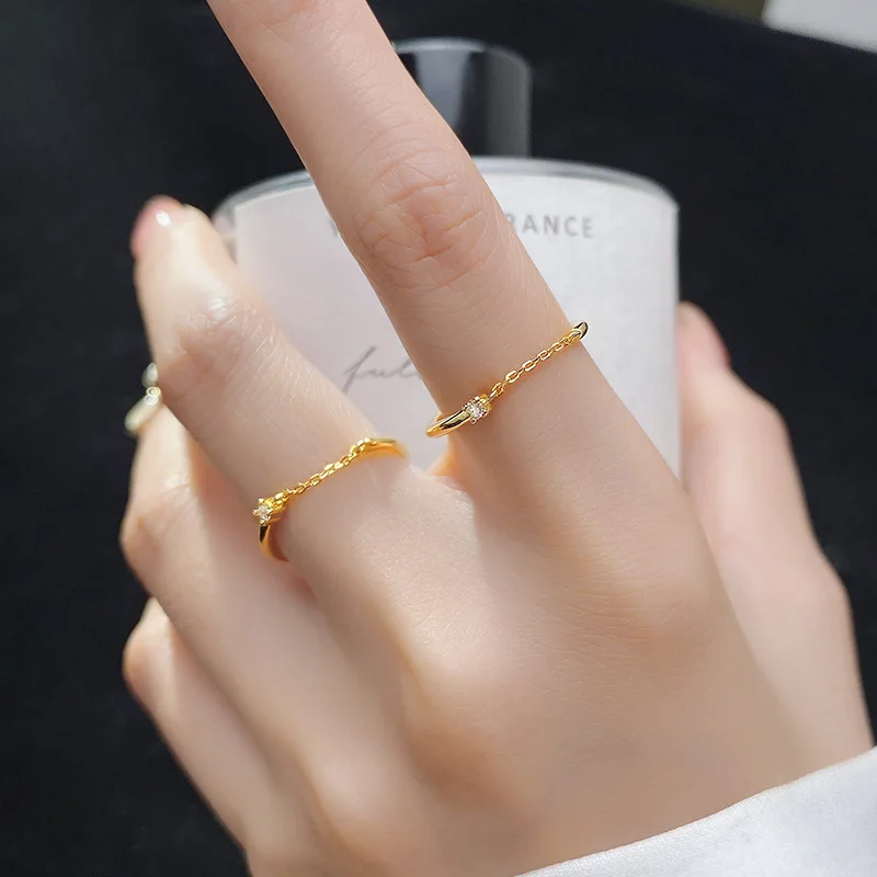 

Dainty Creative Gold Plated Link Chain Cubic Zircon Thin Rings For Ladies Jewelry
