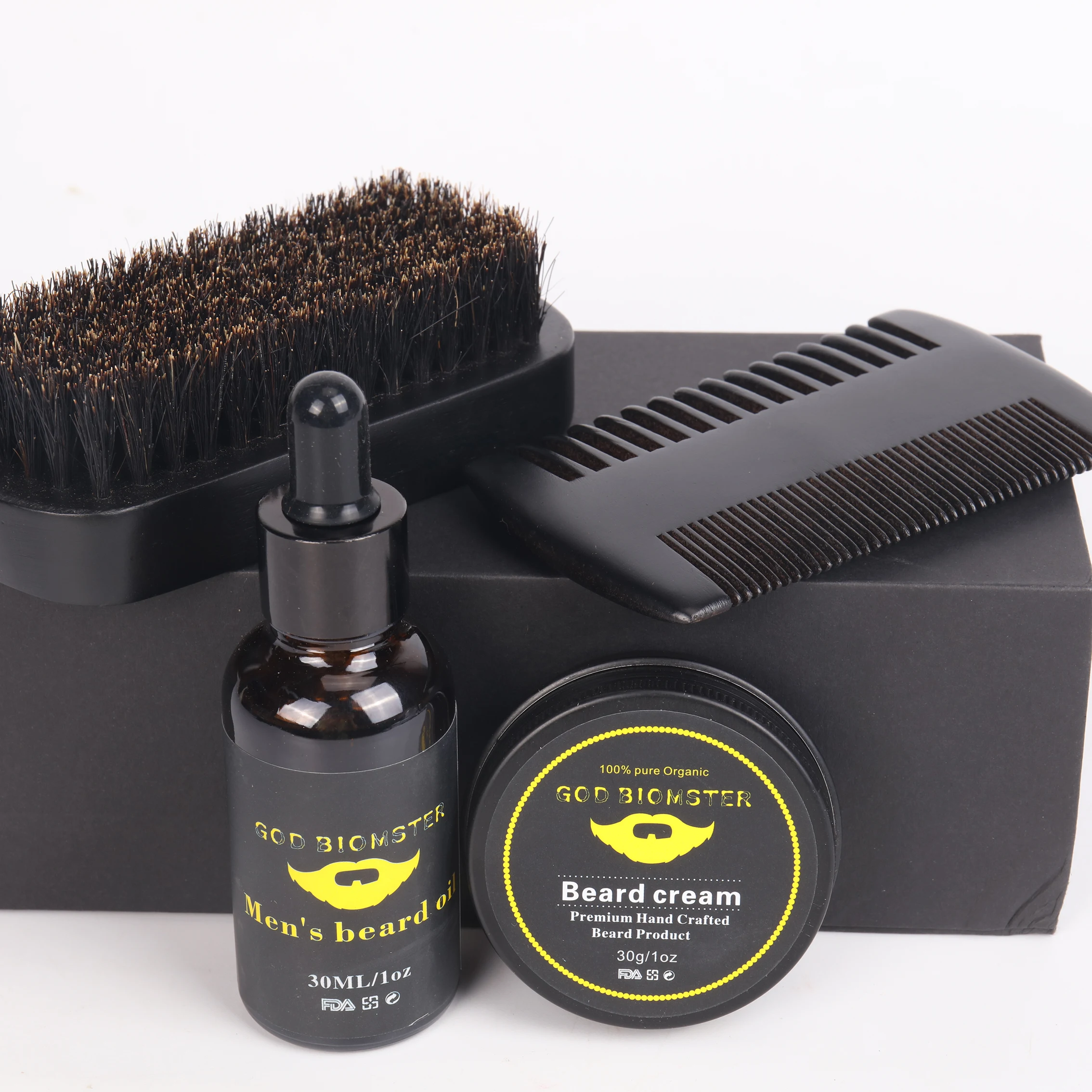 

Custom Private Label Logo Wholesale Men Gift Set beard growth fluid Organic Beard Balm With Brush Comb Grooming Beard Oil Kit, Transparent
